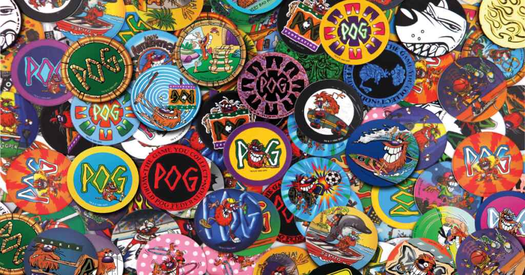 Large collection of pog cardboard coins with cartoon characters on them