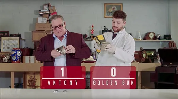 A picture of Antony Charman and Matthew Christlow that says Antony 1 Golden Gun 0