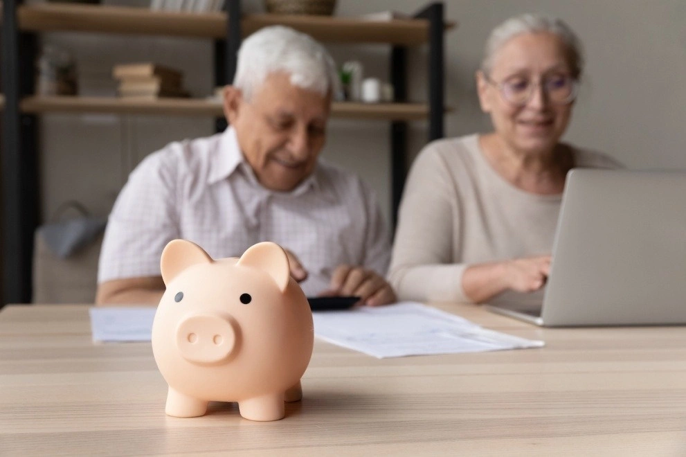 Old couple using laptop with piggy bank on table